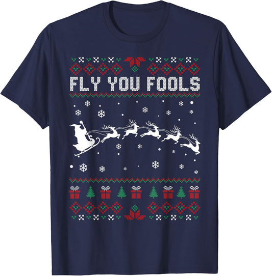 Funny Fly You Fools Santa Sleigh Reindeer Ugly Christmas T-Shirt - T-Shirt | Navy