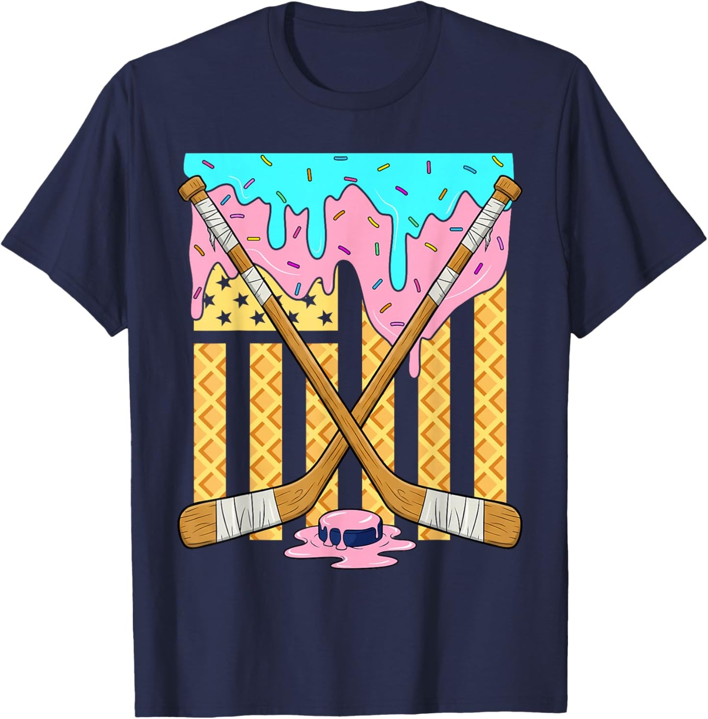 American Flag Ice Cream Drip Boys Ice Hockey Sport Player T-Shirt - T-Shirt | Navy