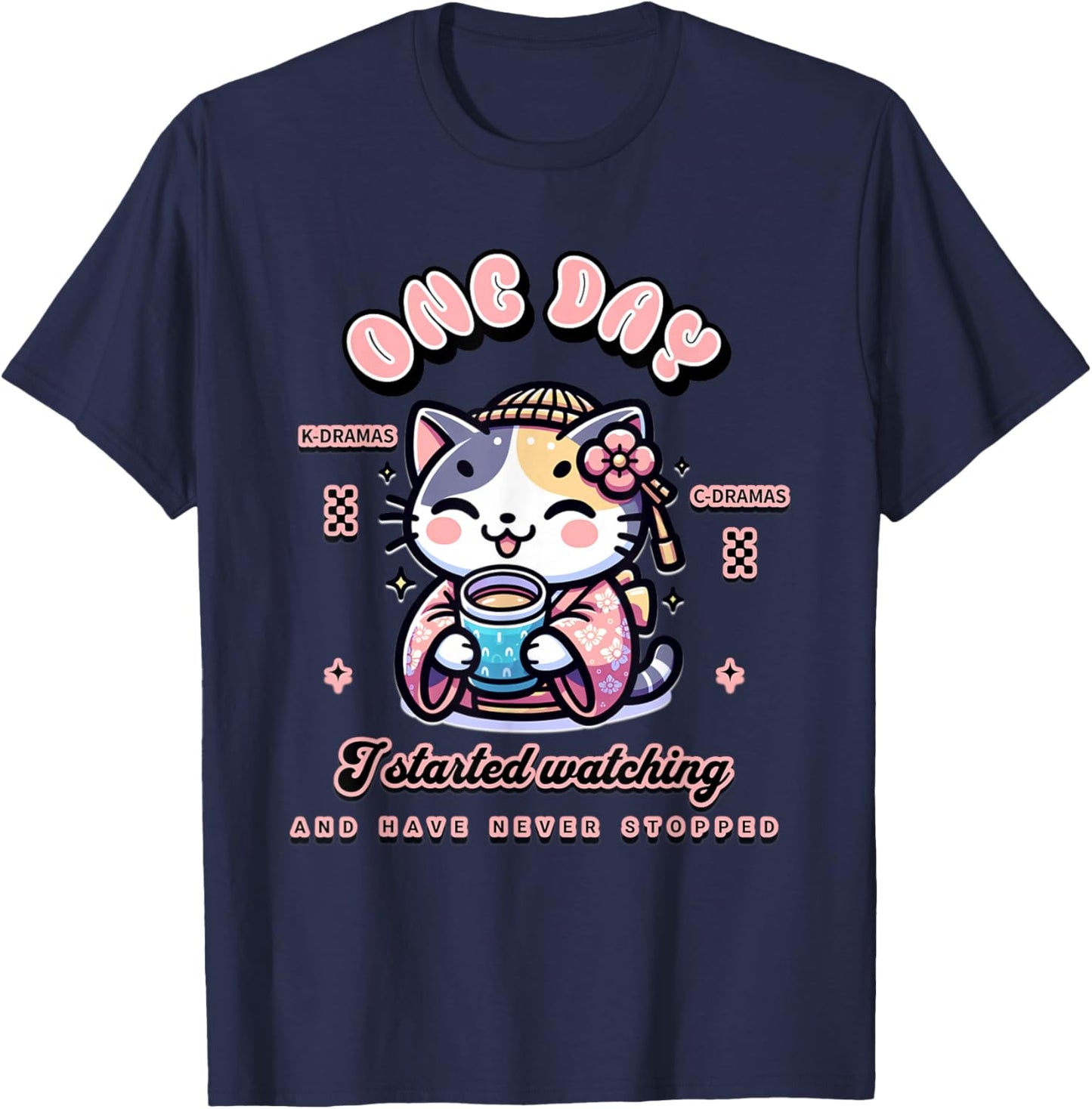 Cute Cat Watching K-Dramas and C-Dramas T-Shirt - T-Shirt | Navy