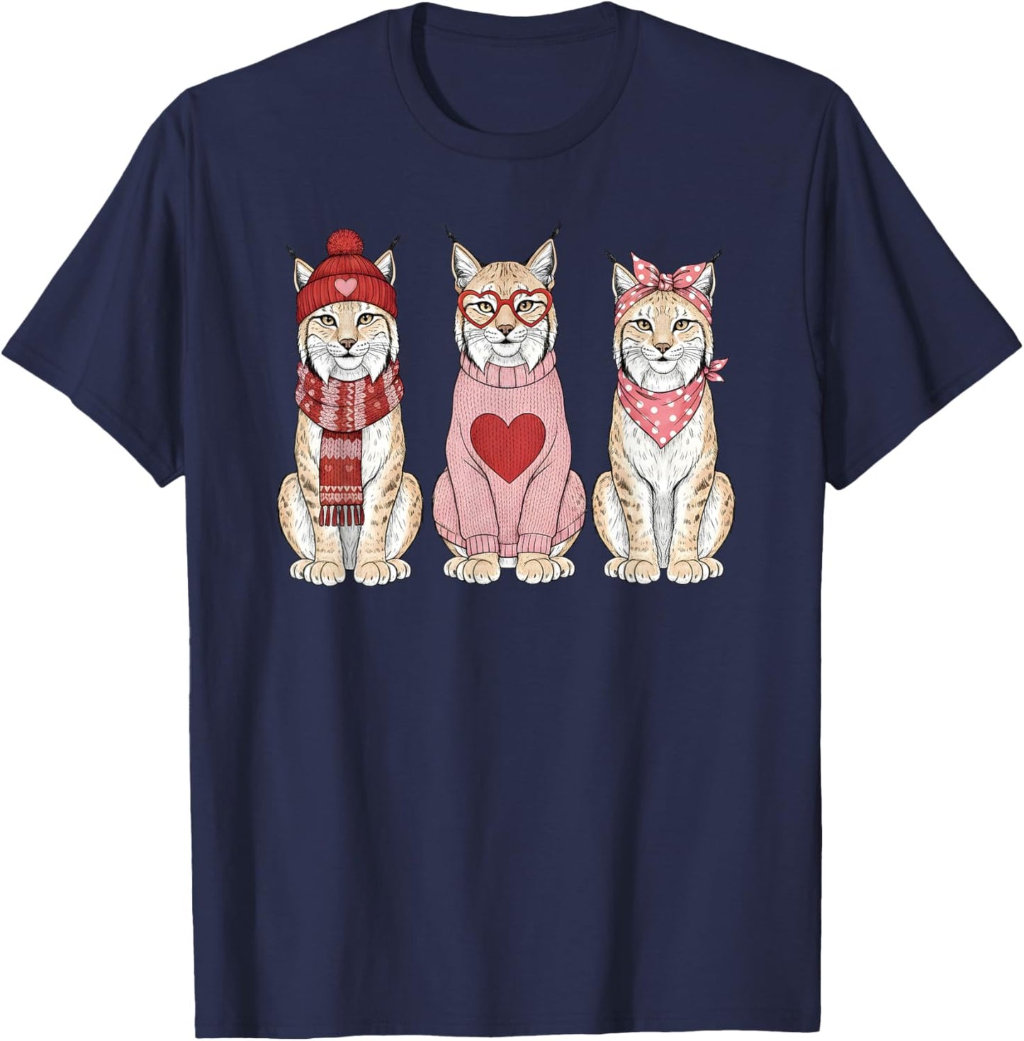 Retro Lynx Cute Valentine Wild Cat T-Shirt - T-Shirt | Navy
