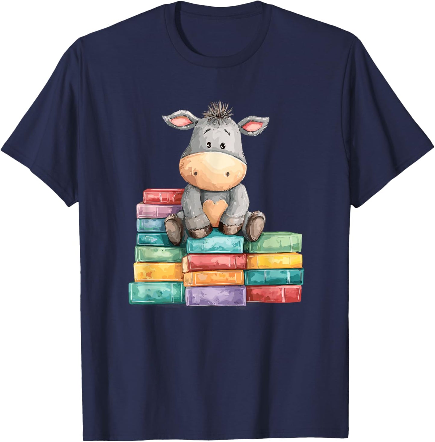 Adorable Donkey with Heart Sitting On Colorful Book Stack T-Shirt - T-Shirt | Navy