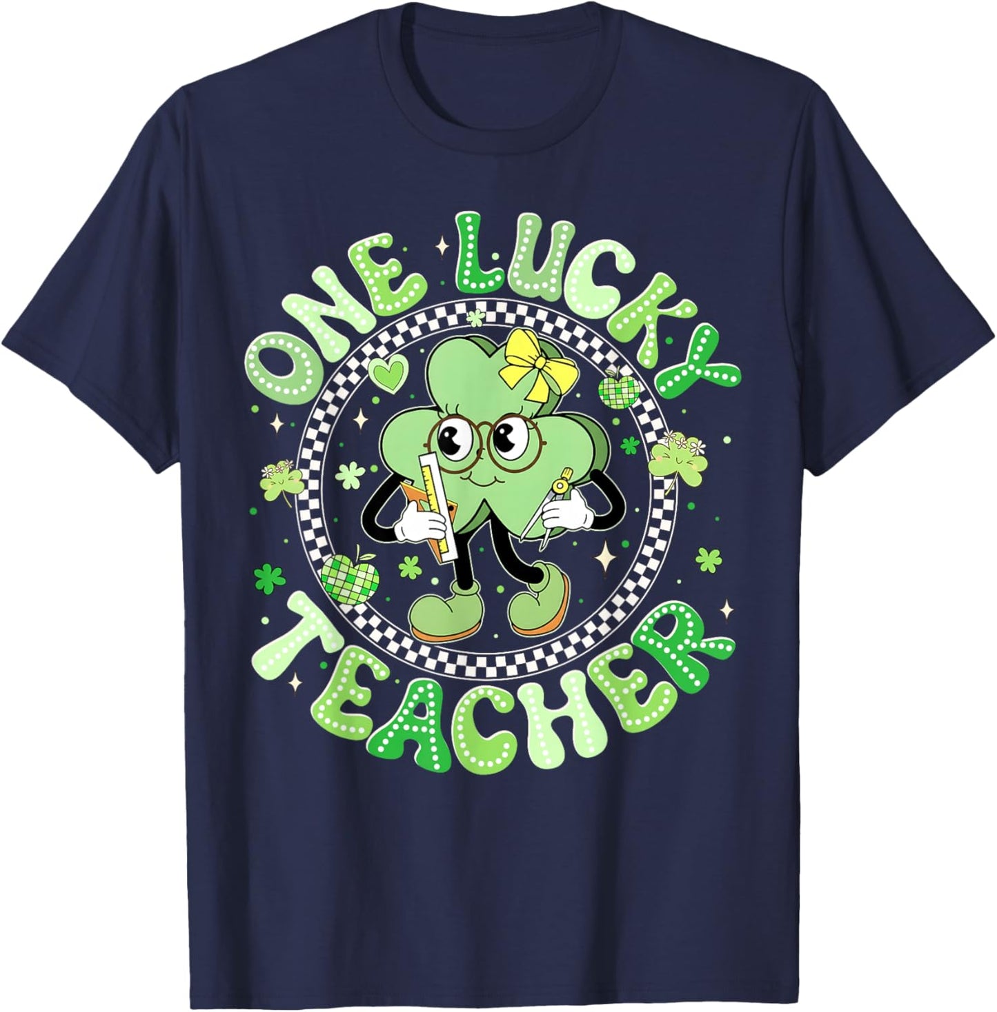 One Lucky Teacher St Patricks Day Shamrock Face Girl Teacher T-Shirt - T-Shirt | Navy