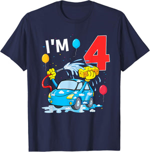 4 Year Old Bday 4th Birthday Car Wash Theme Party T-Shirt - T-Shirt | Navy