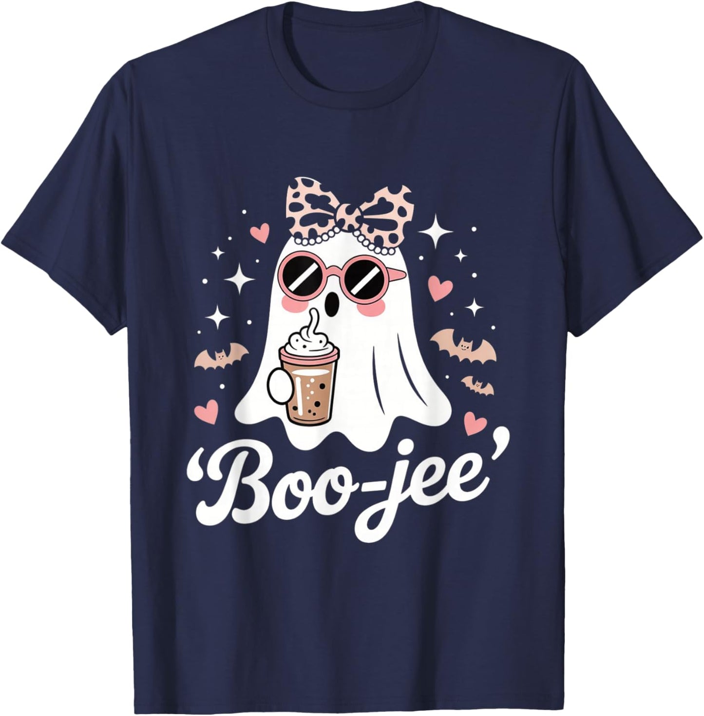 Coquette Leopard Ghost Coffee Boo-JEE Halloween Boujee Ghost T-Shirt - T-Shirt | Navy
