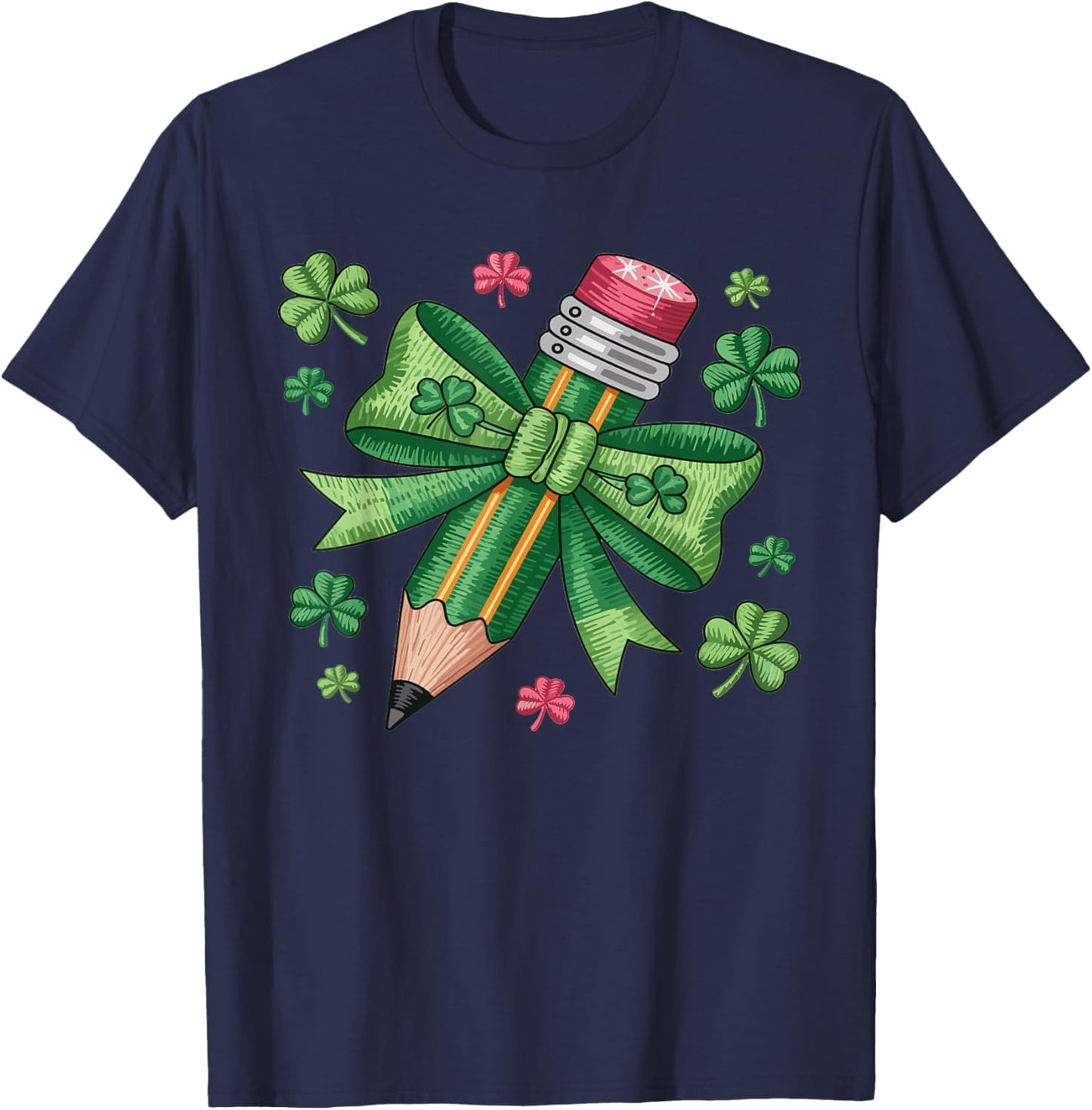 Teacher St. Patrick’s Day Pencil with Bow Shamrock Graphic T-Shirt - T-Shirt | Navy