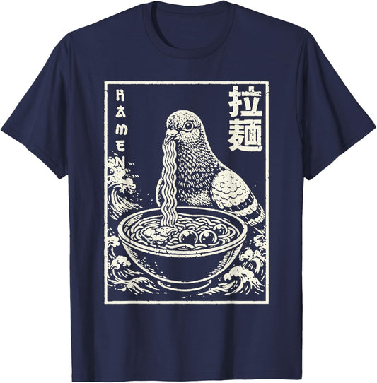 Pigeon Eating Ramen Japanese Art T-Shirt - T-Shirt | Navy