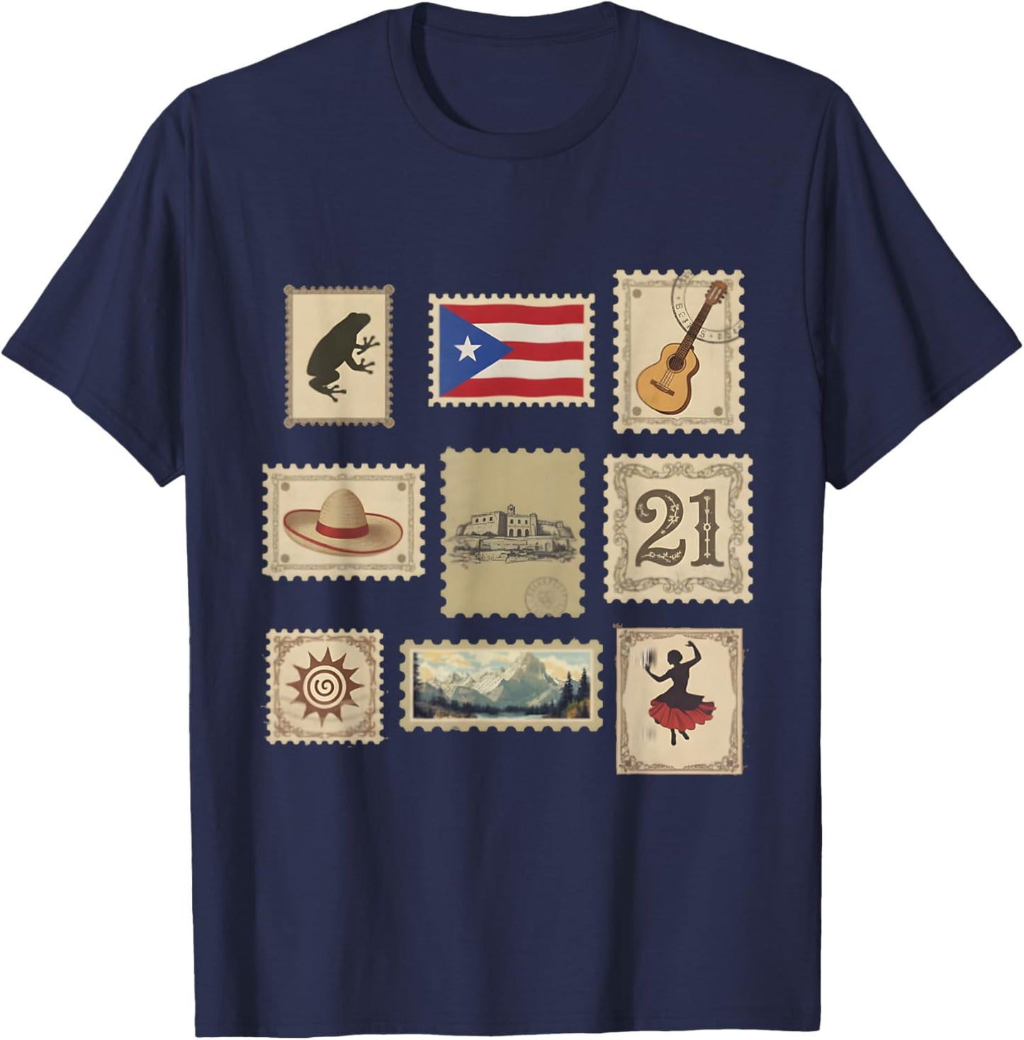 Boricua Puerto Rico Stamps 21 Coqui El Morro Salsa T-Shirt - T-Shirt | Navy