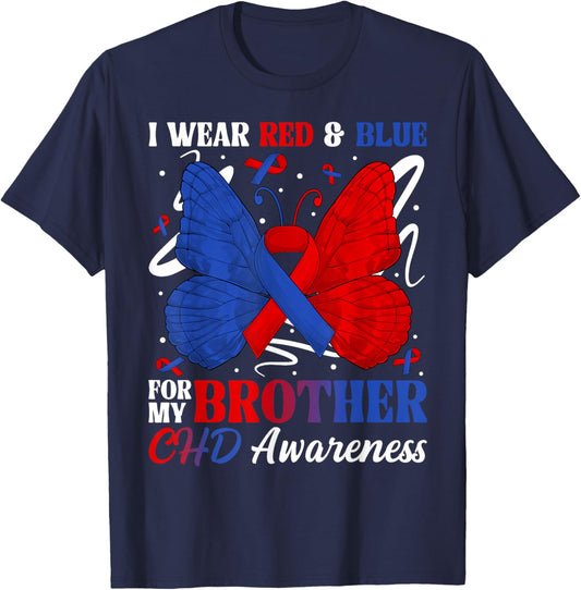 I Wear Red & Blue for My Brother CHD Awareness Month Butterf T-Shirt - T-Shirt | Navy