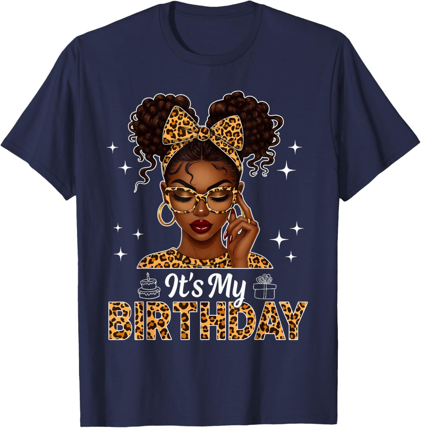 Afro Woman Black Girl Women Leopard Bow It's My Birthday T-Shirt - T-Shirt | Navy