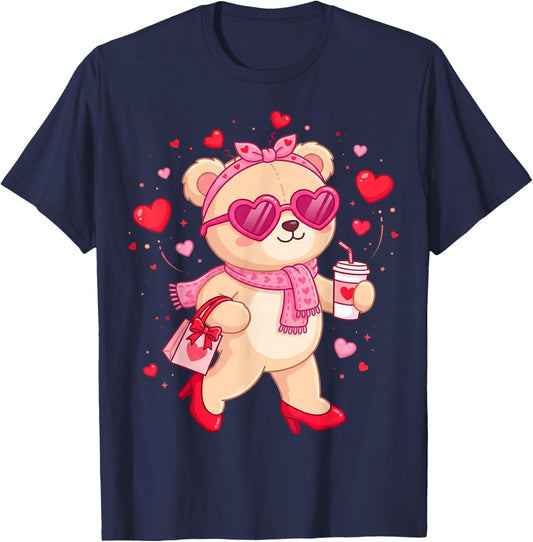 Cute Teddy Bear Women Valentines Day Shirt Girl Heart T-Shirt - T-Shirt | Navy