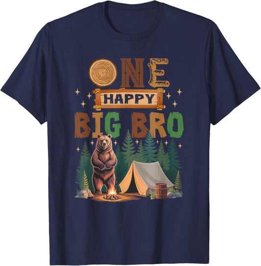 One Happy Big Bro Camper 1St Birthday Camping Bear T-Shirt - T-Shirt | Navy