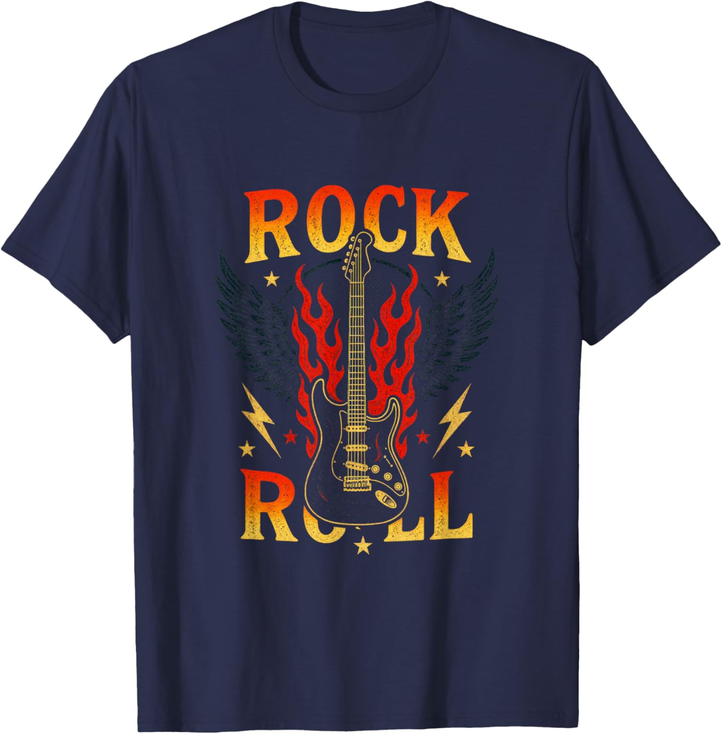 Rock Roll - Vintage Guitar Wings Music T-Shirt - T-Shirt | Navy