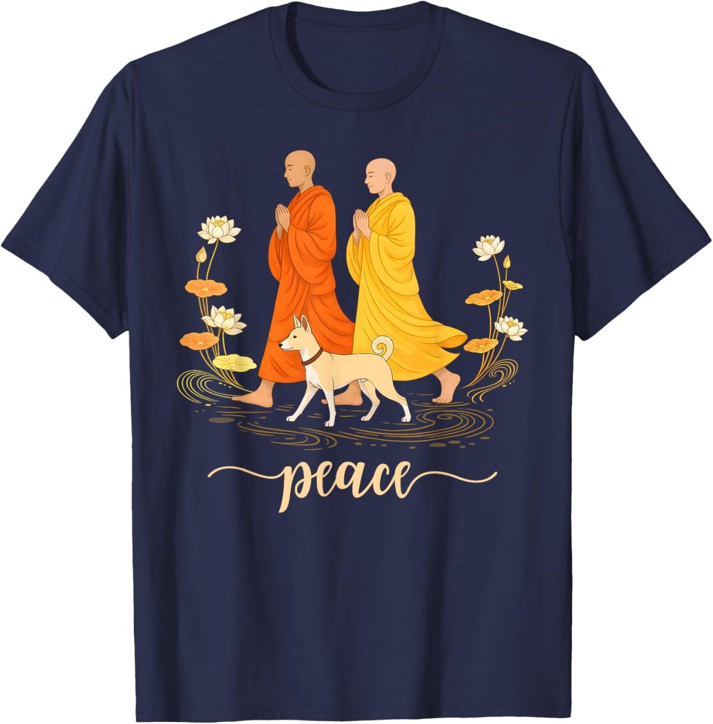 Walk for Peace Monk and Faithful Dog Zen Calm Minimalist Art T-Shirt - T-Shirt | Navy
