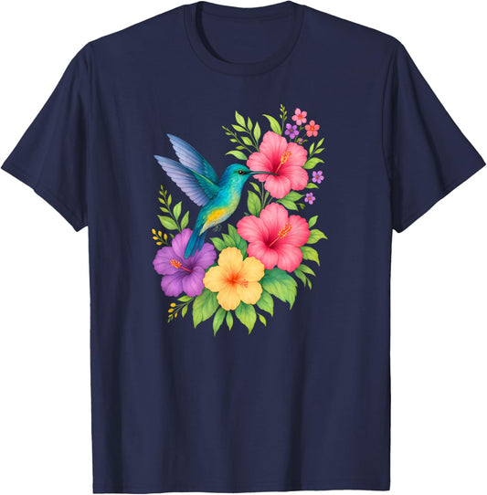 Hummingbird Tropical Flowers - Floral Bird Hibiscus T-Shirt - T-Shirt | Navy