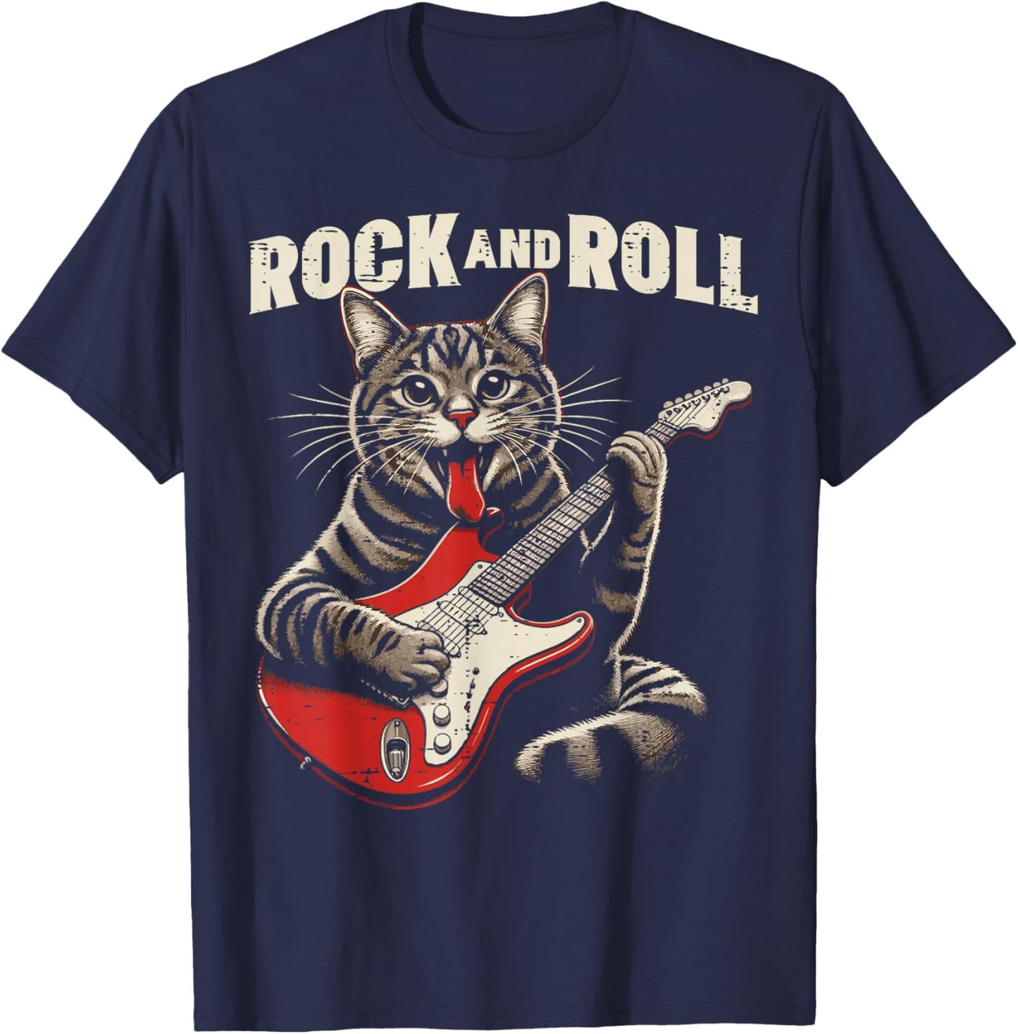 Cat Electric Guitar Rock and Roll Rocker Kitten Men Boys Kid T-Shirt - T-Shirt | Navy