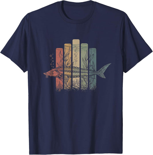 Retro Sturgeon Drawing Art Design T-Shirt - T-Shirt | Navy