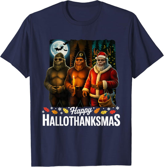 Happy Hallothanksmas Halloween Xmas Sasquatch Bigfoot Squad T-Shirt - T-Shirt | Navy