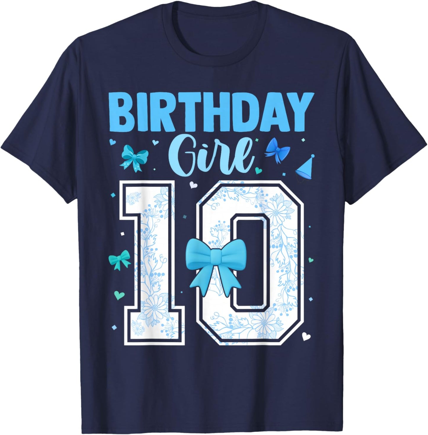 10th Birthday Girl Blue Toile Coquette Bow 10 Year Old T-Shirt - T-Shirt | Navy