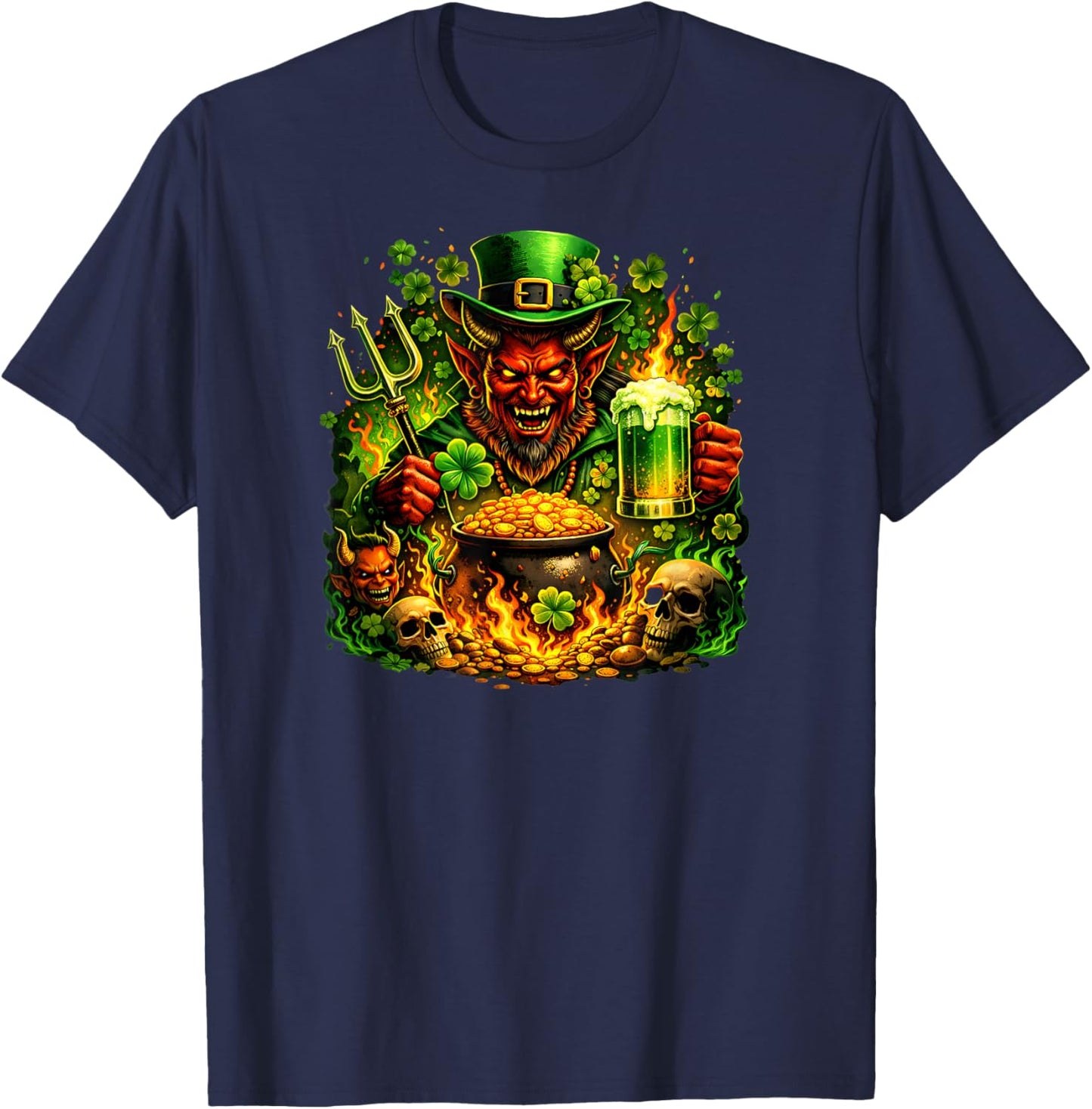 Dark St Patricks Day Evil Leprechaun Devil Skull Men Graphic T-Shirt - T-Shirt | Navy