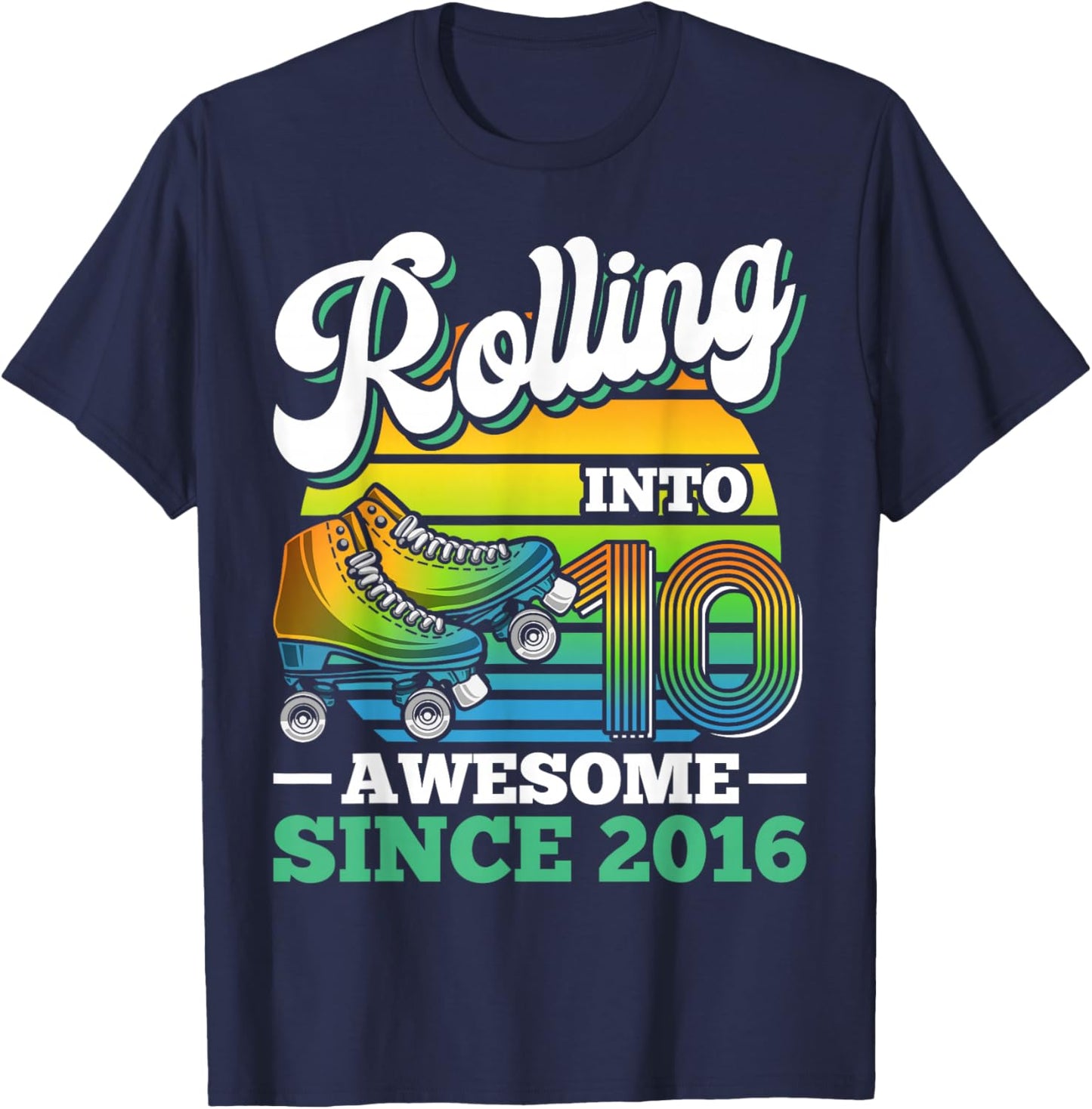 Rolling Into 10 Roller Skating Birthday Party 10th Birthday T-Shirt - T-Shirt | Navy