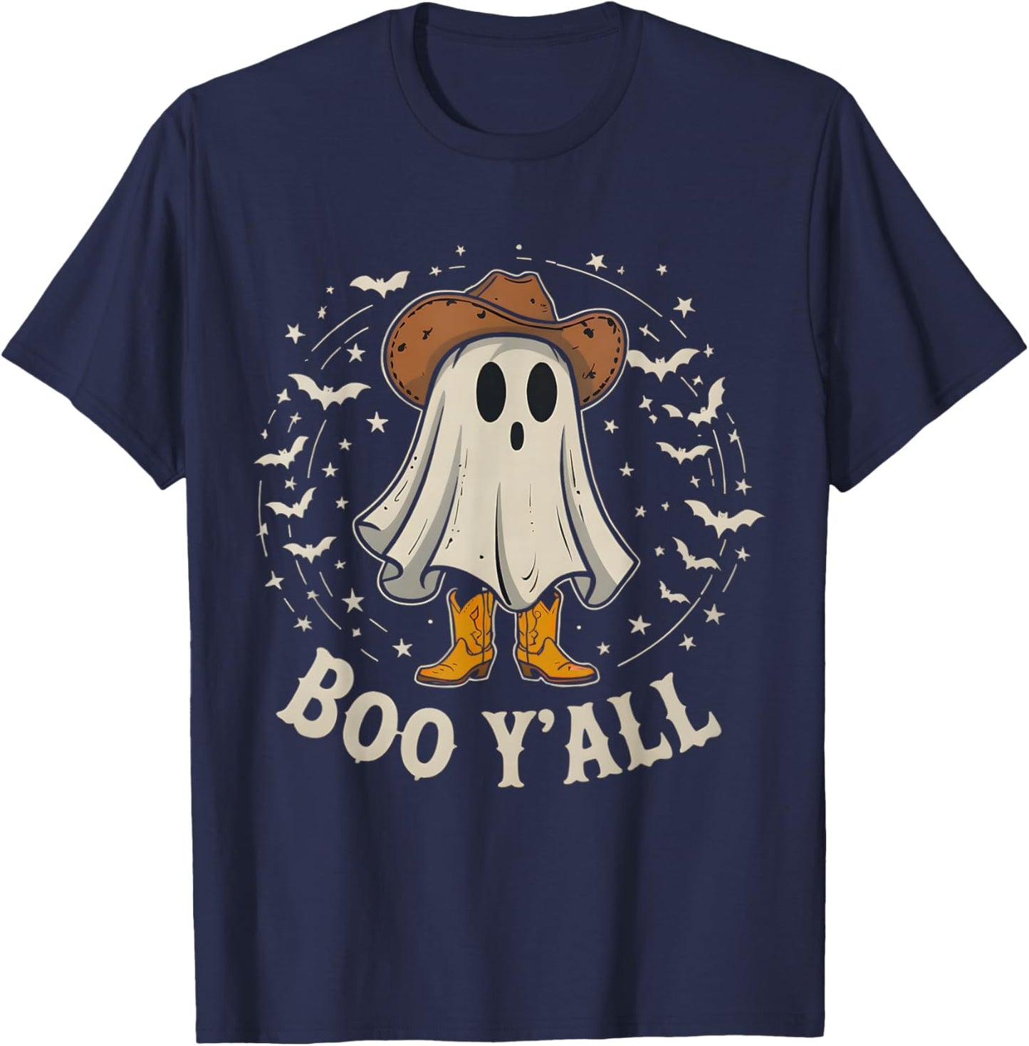 Western Country Halloween Southern Retro Ghost Boo Y'all T-Shirt - T-Shirt | Navy