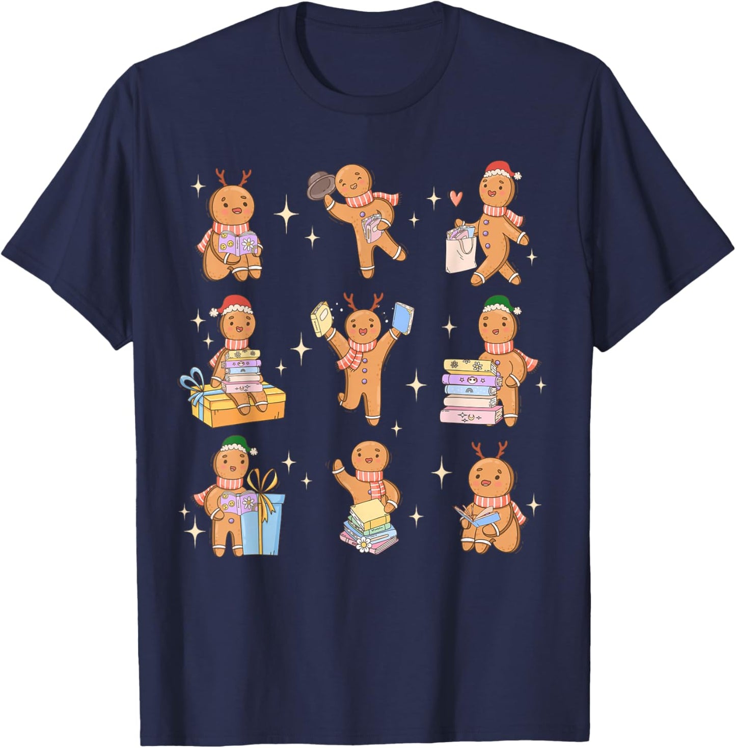 Christmas Cookies Gingerbread Reading Books Santa Reindeer T-Shirt - T-Shirt | Navy