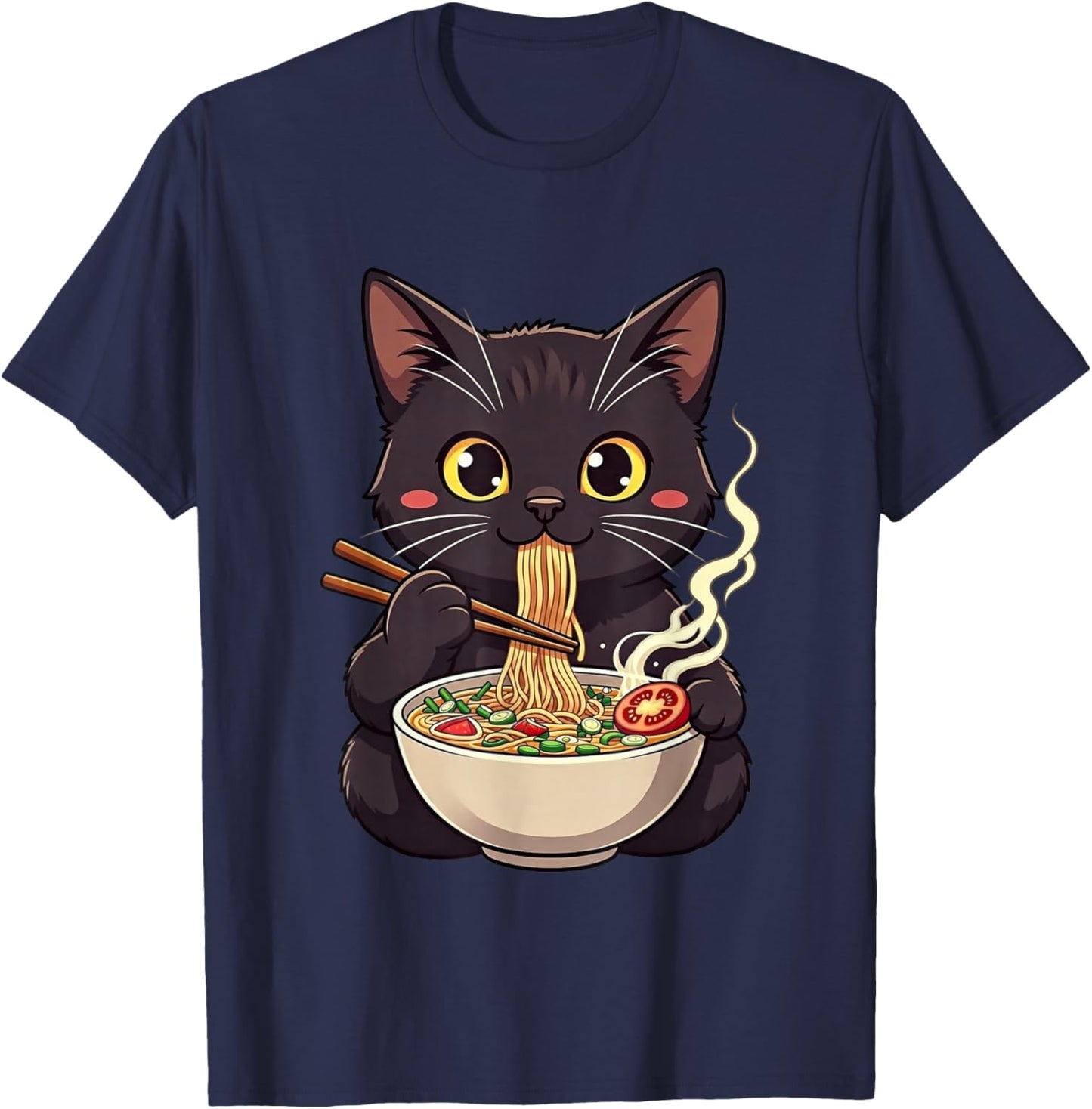 Cat Eating Ramen Cute Animal Cats Lovers T-Shirt - T-Shirt | Navy