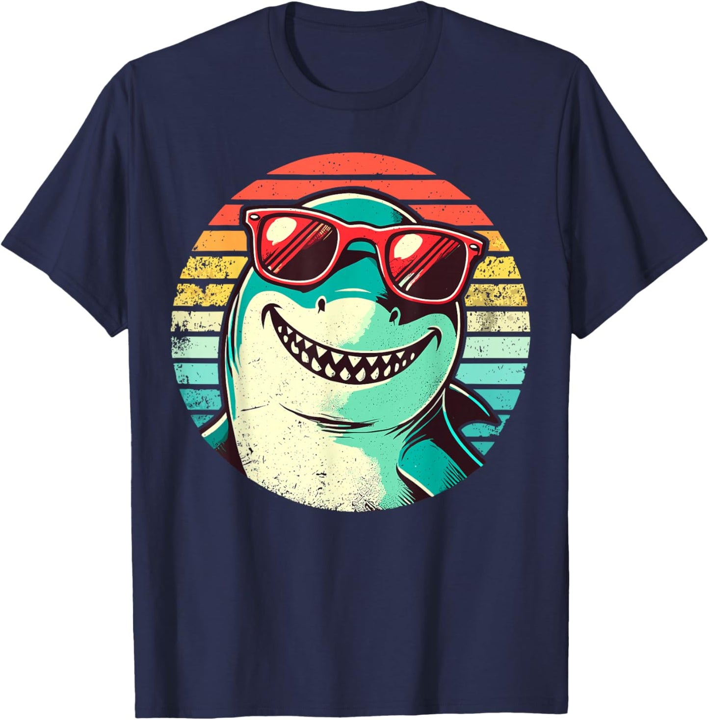 Cool Shark with Sunglasses Retro Sunset T-Shirt - T-Shirt | Navy