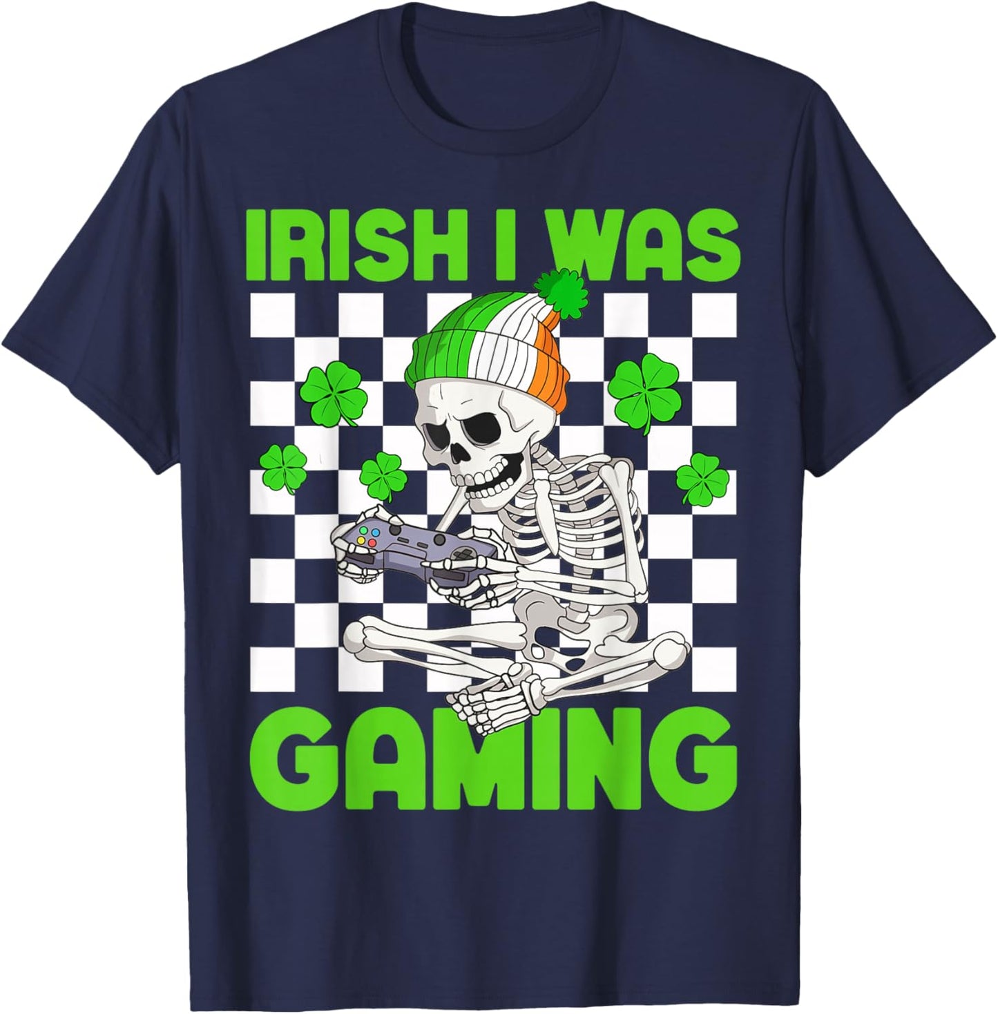 Irish I was Gaming Boys St Patricks Day Skeleton Gamer T-Shirt - T-Shirt | Navy