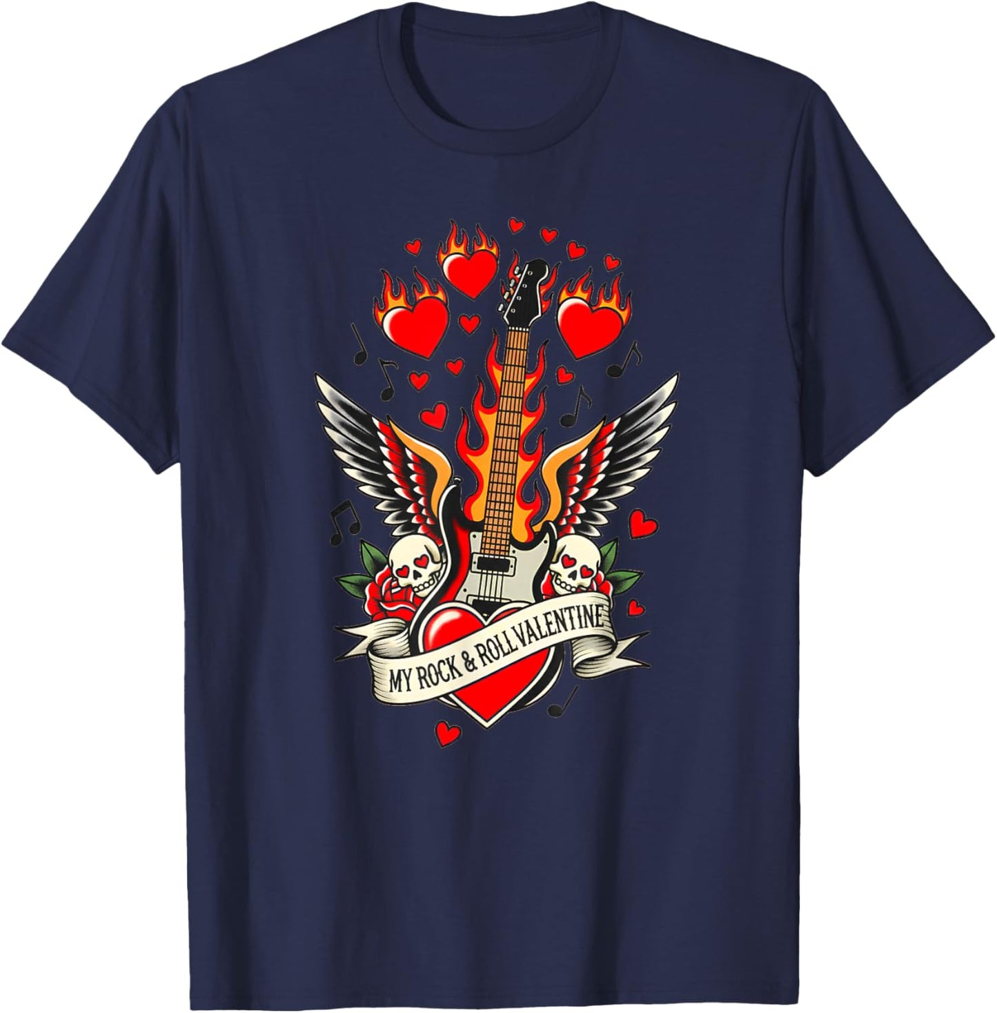 Valentine’s My Rock and Roll Valentine Guitar Wings Skulls T-Shirt - T-Shirt | Navy