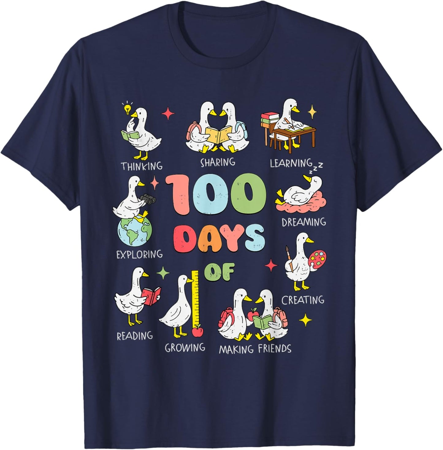 Happy 100 Days of School Girl Kids Goose 100th Day of School T-Shirt - T-Shirt | Navy