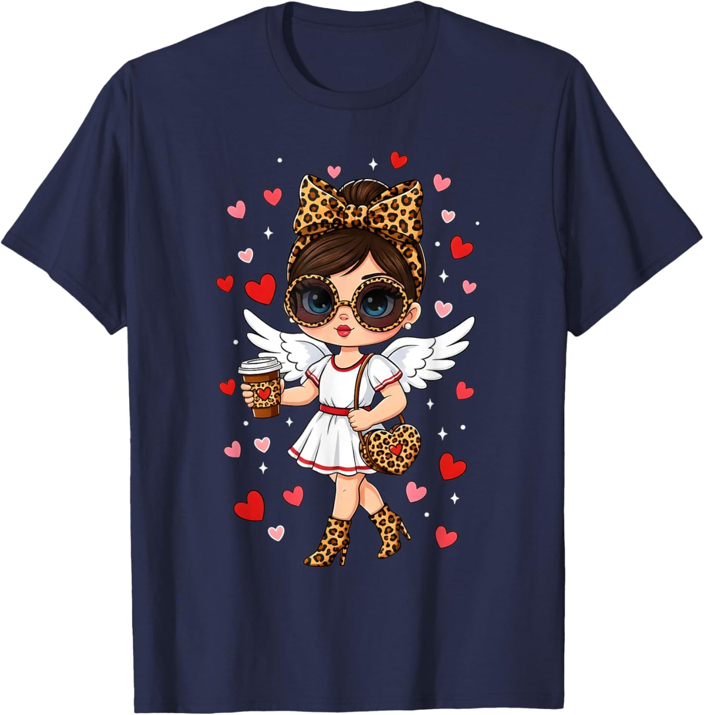 Leopard Cupid Drinking Coffee Valentines Day Women Heart T-Shirt - T-Shirt | Navy