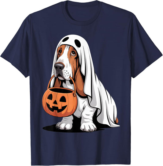 Cute Basset Hound Dog Ghost Costume with Pumpkin T-Shirt - T-Shirt | Navy