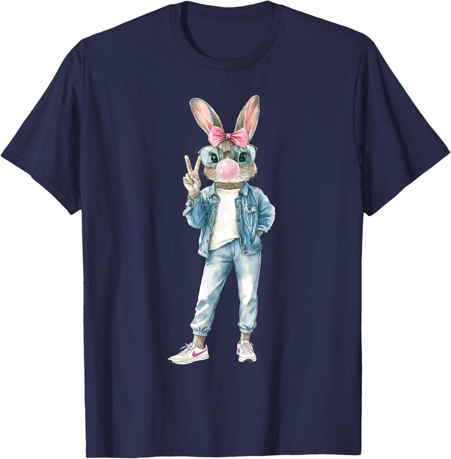 Funny Bunny Sunglasses Rabbit Coquette Bow Easter Trendy T-Shirt - T-Shirt | Navy