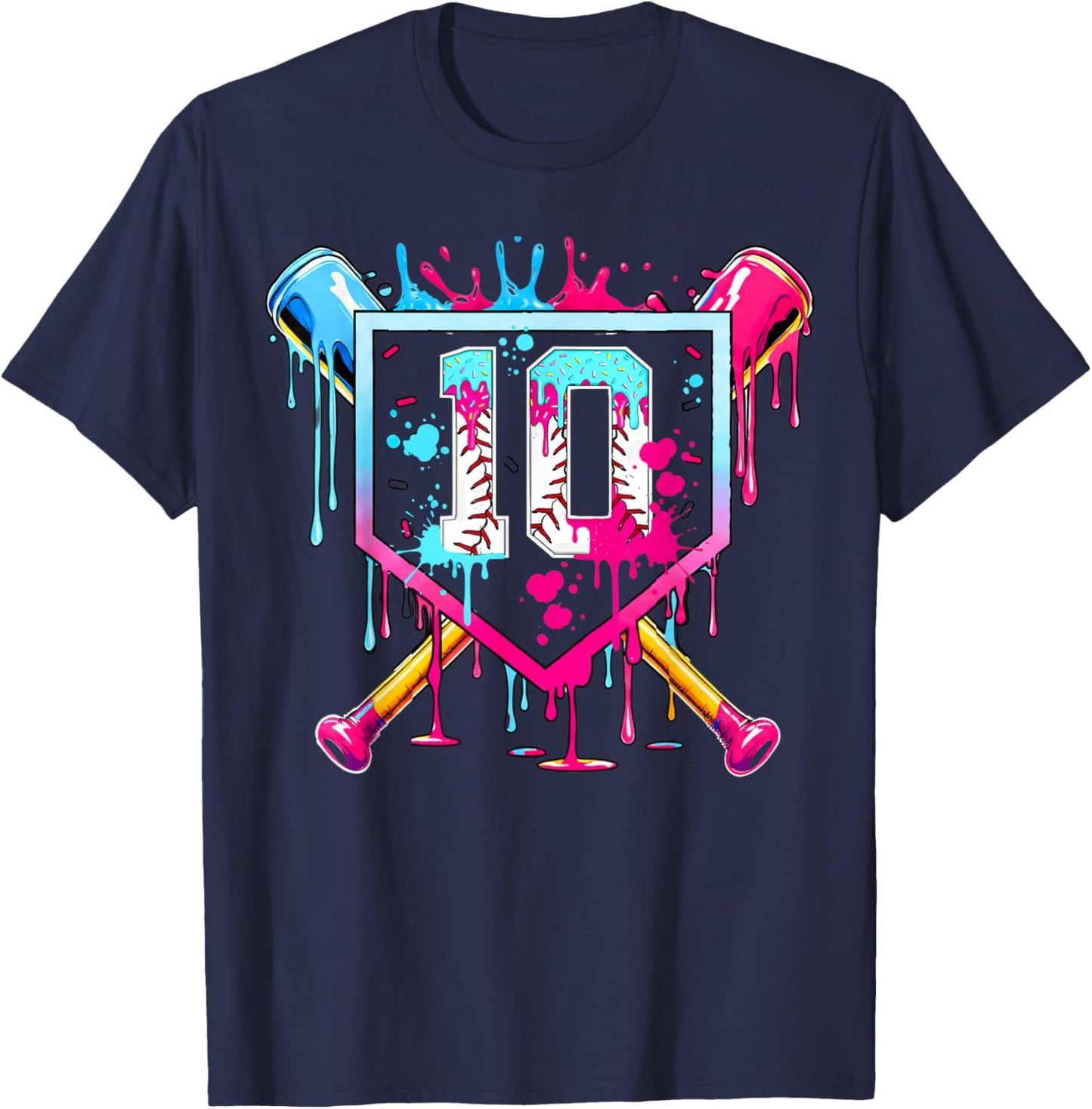 10th Birthday Boys Baseball Ice Cream Drip Boys Baseball T-Shirt - T-Shirt | Navy