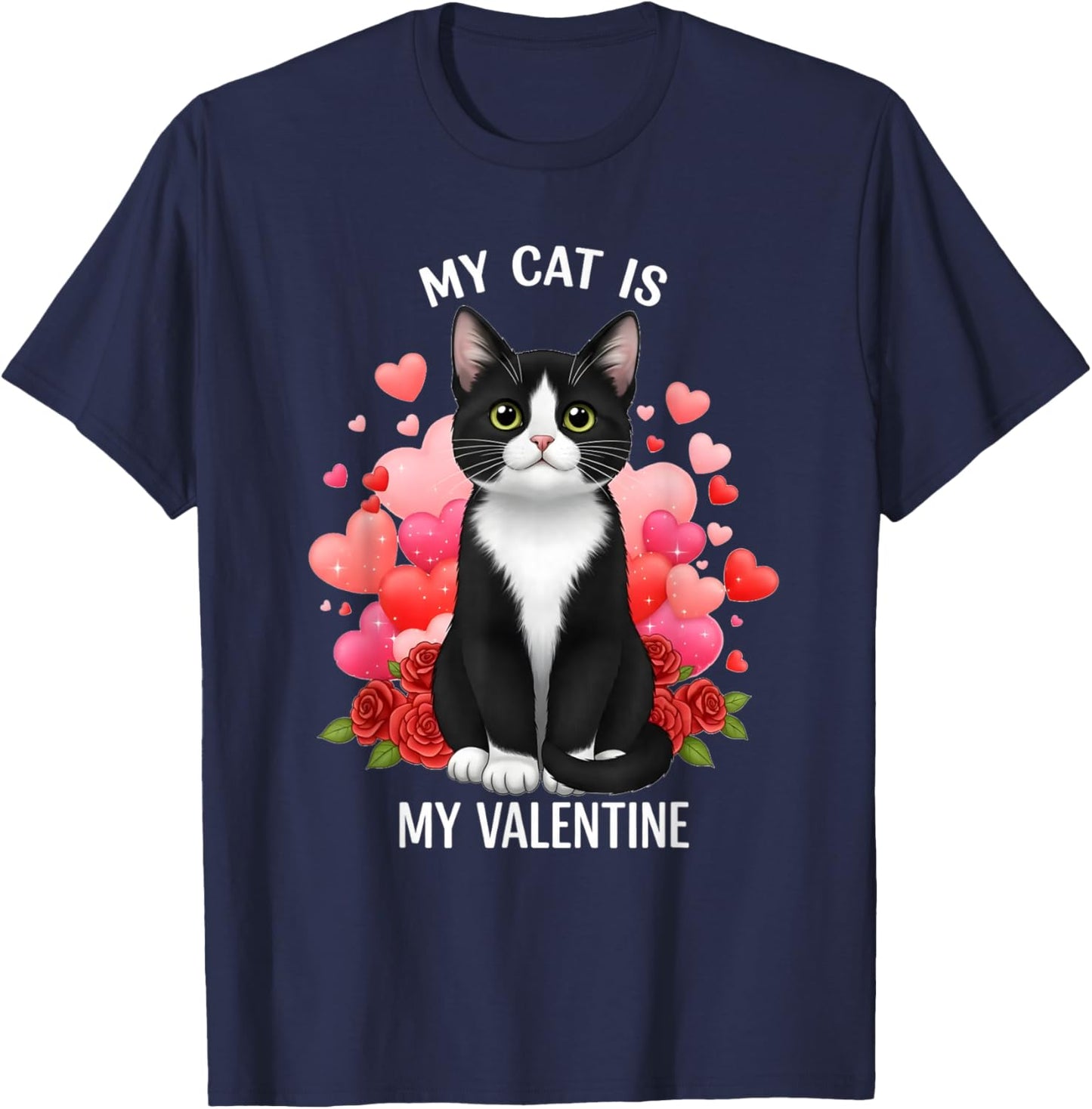 My Cat is My Valentine Tuxedo Cat Lover Women Girls T-Shirt - T-Shirt | Navy