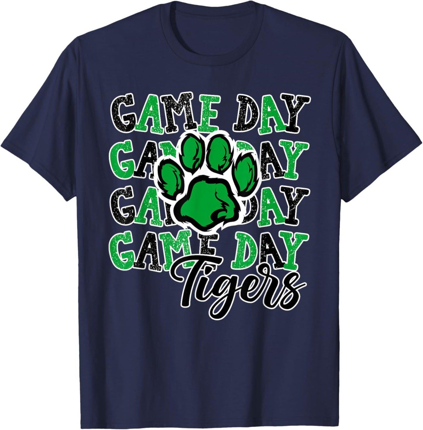 Game Day Tigers Green Paw Print School Spirit Mascot Tiger T-Shirt - T-Shirt | Navy