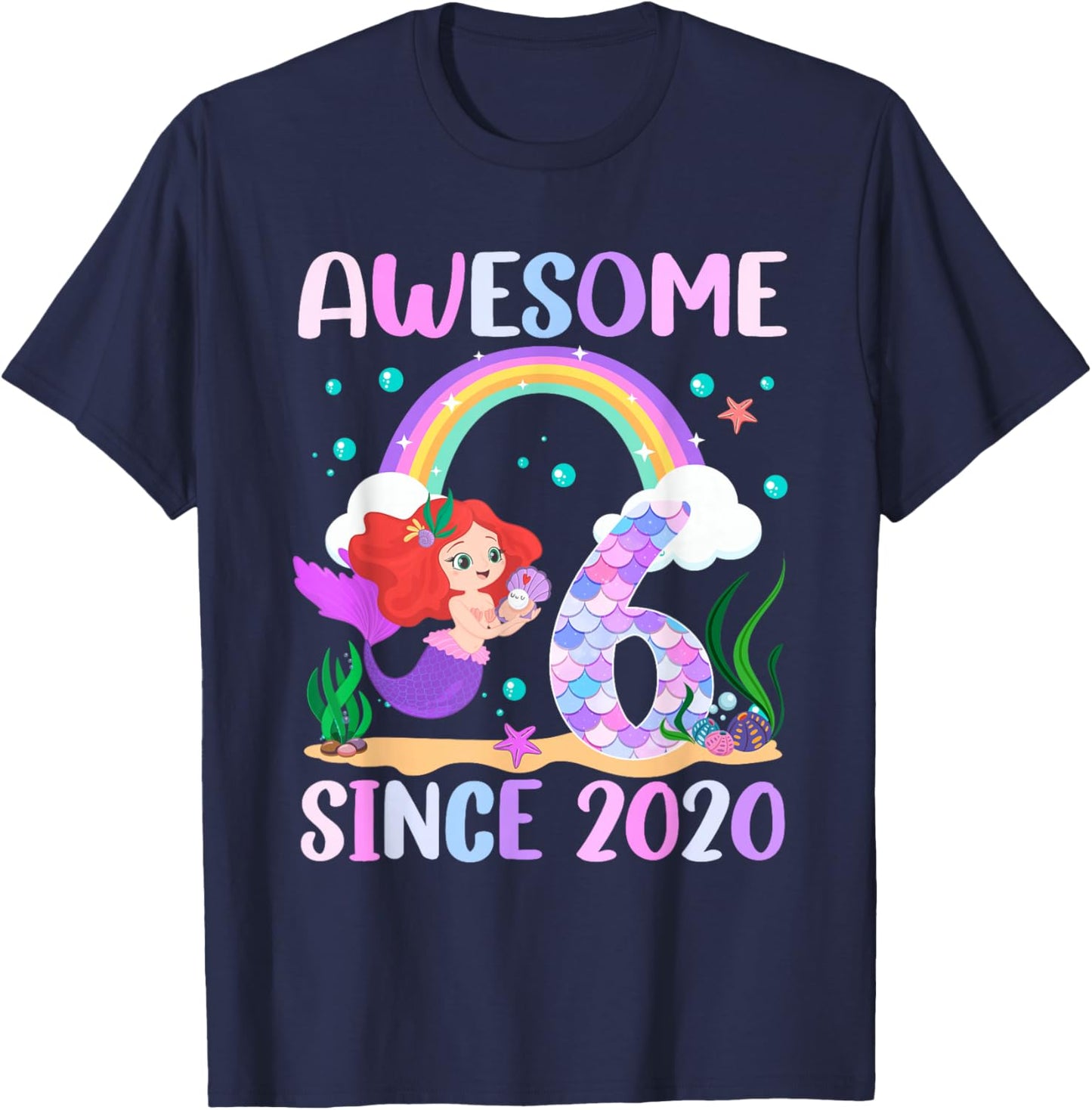 6th Birthday Girl Mermaid Theme Awesome Since 2020 T-Shirt - T-Shirt | Navy