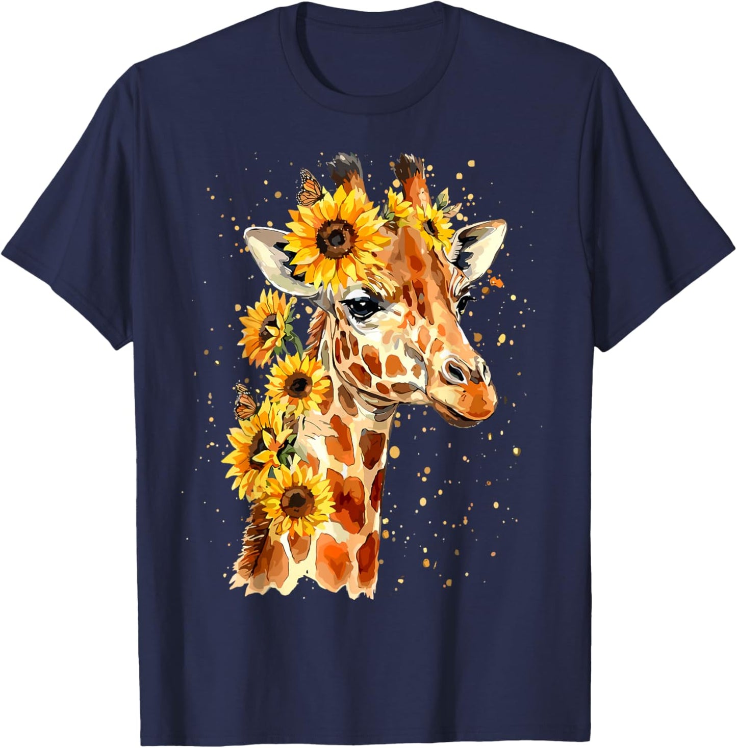 Sunflower Giraffe Cute Floral Safari Animal T-Shirt - T-Shirt | Navy