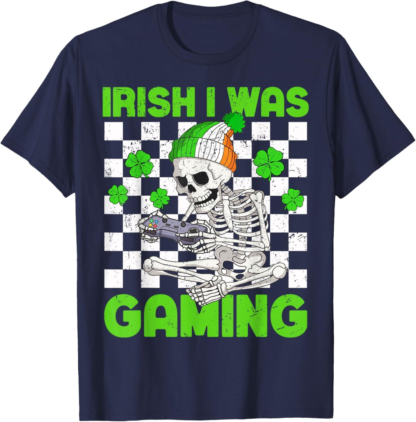 Irish I was Gaming Boys St Patricks Day Skeleton Gamer T-Shirt - T-Shirt | Navy