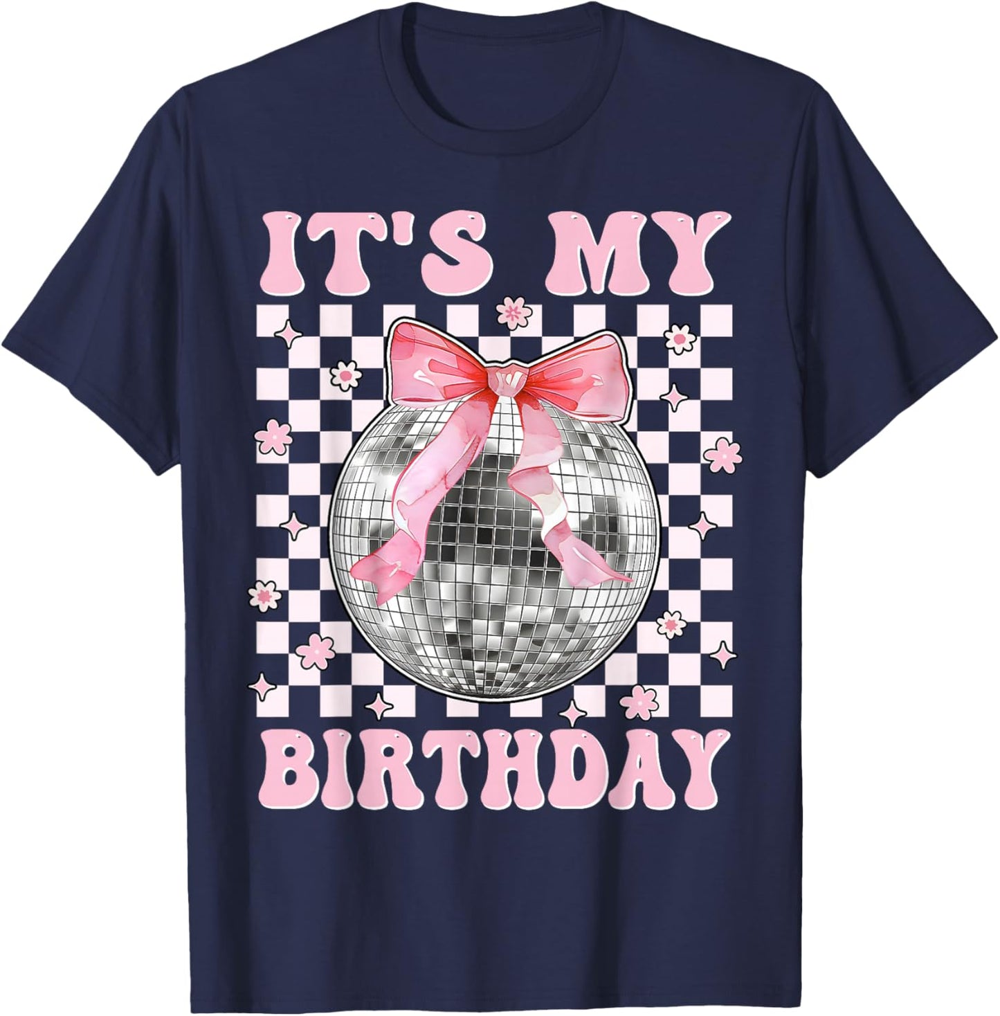 Groovy It's My Birthday Teens Girls Disco Ball Coquette Bow T-Shirt - T-Shirt | Navy