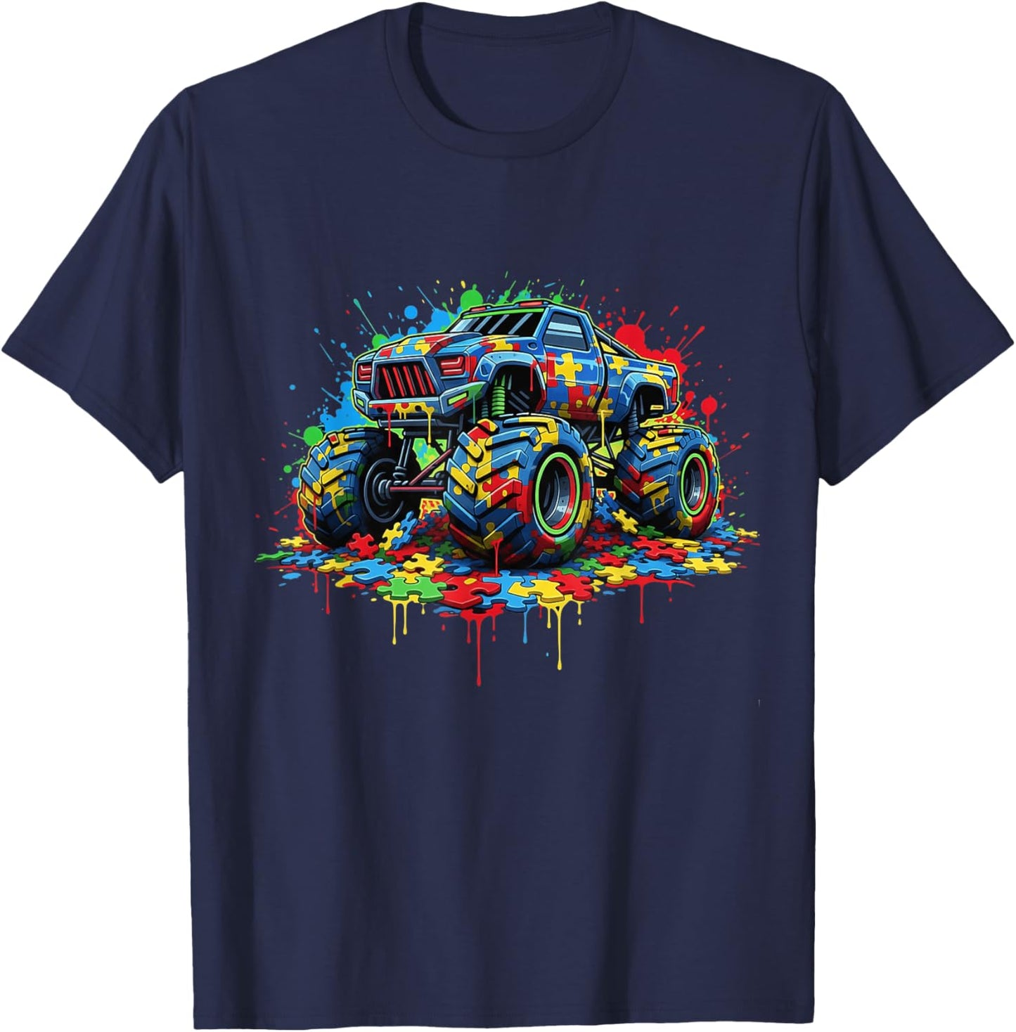 Autism Dripping Monster Trucks Drip Autism Awareness T-Shirt - T-Shirt | Navy