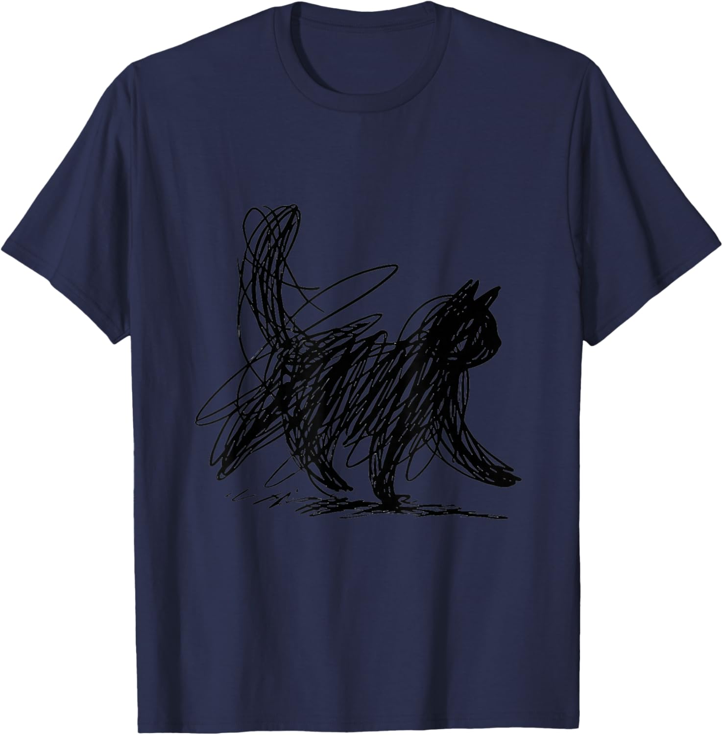 Abstract Scribble Black Cat Minimal Line Art Aesthetic T-Shirt - T-Shirt | Navy