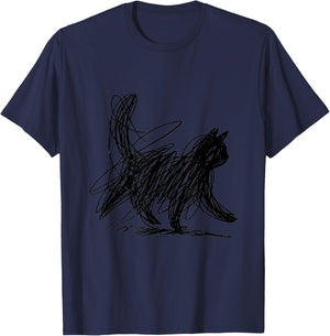 Abstract Scribble Black Cat Minimal Line Art Aesthetic T-Shirt - T-Shirt | Navy