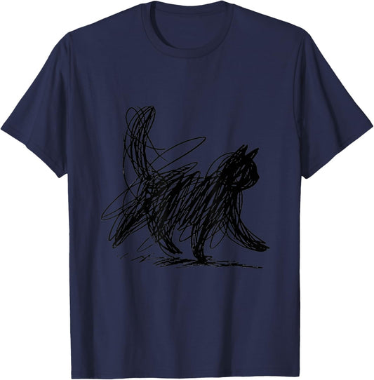 Abstract Scribble Black Cat Minimal Line Art Aesthetic T-Shirt - T-Shirt | Navy
