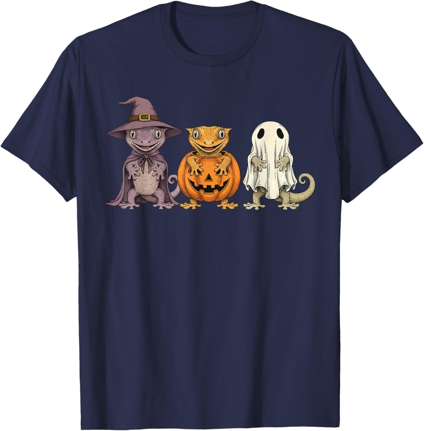 Spooky Ghost Crested Gecko Lover Pumpkin Halloween T-Shirt - T-Shirt | Navy