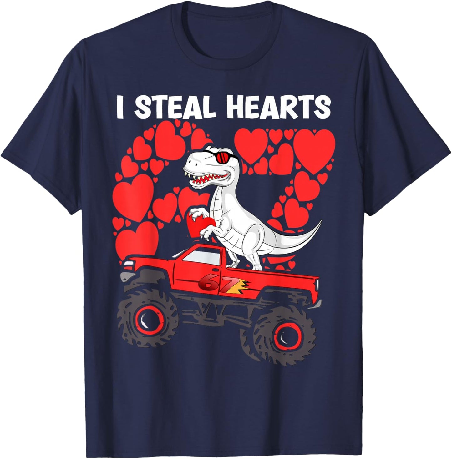 Valentines Day Boys Kids I Steal Hearts trex Truck 67 T-Shirt - T-Shirt | Navy