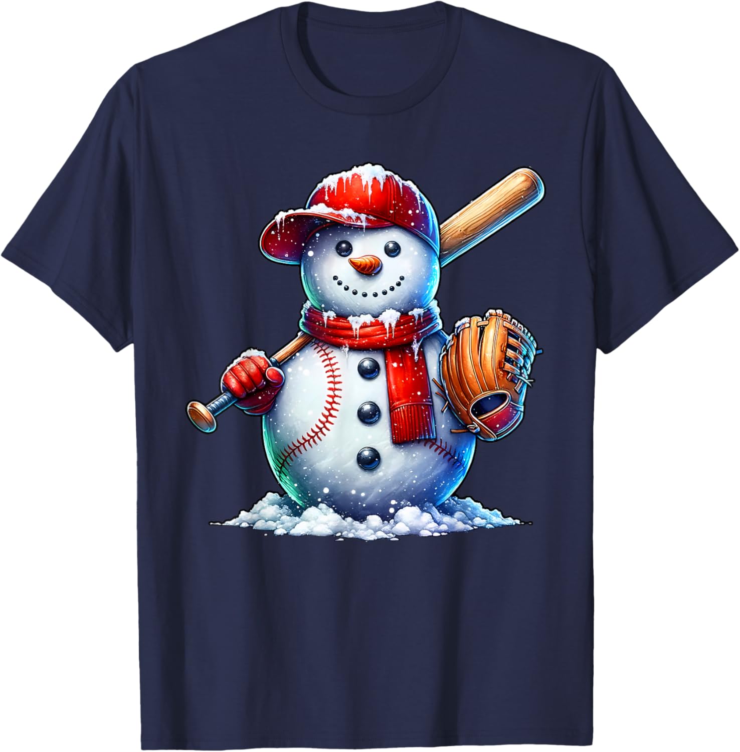 Cute Christmas Baseball Snowman Game Day Women Men Boys Kids T-Shirt - T-Shirt | Navy