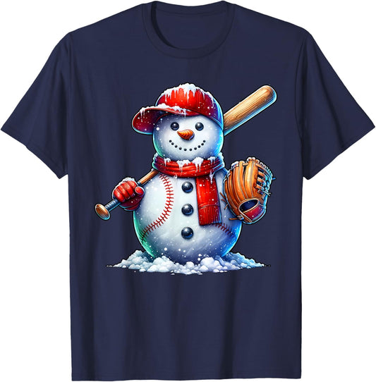 Cute Christmas Baseball Snowman Game Day Women Men Boys Kids T-Shirt - T-Shirt | Navy