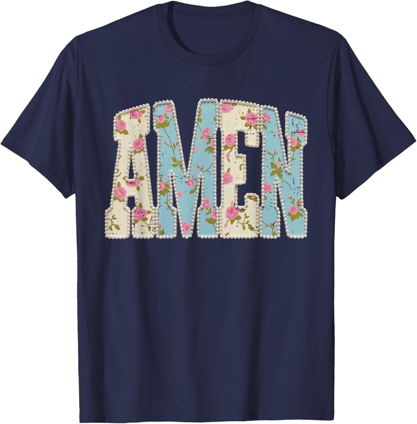 Retro Boho Floral Amen Pearls Religious Christian Easter Day T-Shirt - T-Shirt | Navy